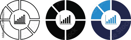 Statistics and analytics icon with bar chart inside circular diagram. Symbol of data analysis, business reporting, performance metrics, dashboard, financial analytics and information presentation.