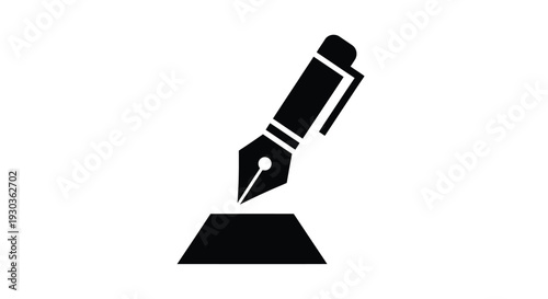 Simple black silhouette of a fountain pen and inkwell