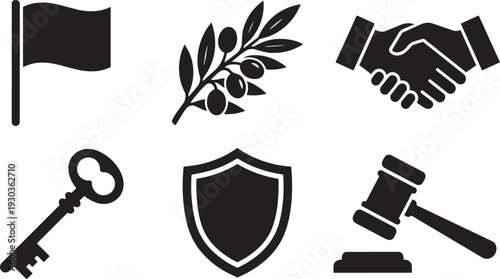 Peace and Conflict Resolution, Diplomatic Negotiation and Legal Justice Silhouette Icon Set Vector Illustration