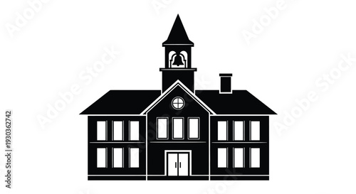 Simple black and white illustration of a classic schoolhouse building