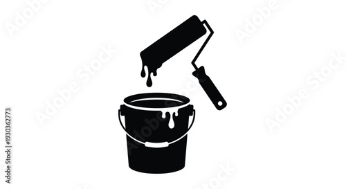 Paint roller and bucket with dripping paint in a black silhouette