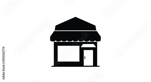 Simple black silhouette of a small shop with an awning and door