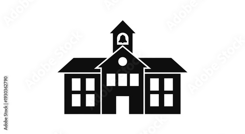 Simple black silhouette of a classic school building with a bell tower