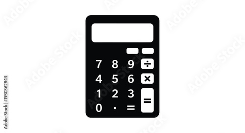 Black calculator illustration with numeric keypad and basic functions
