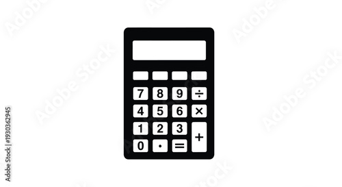 Simple black calculator illustration with numerical and operational buttons displayed
