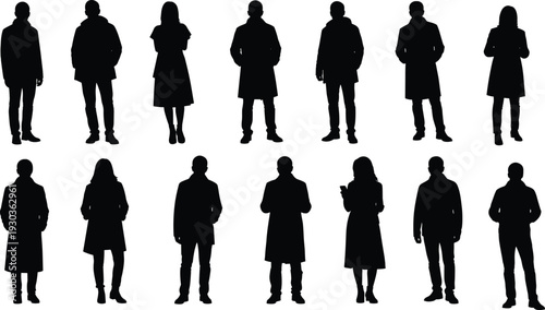 Collection of diverse people in winter coats and long jackets standing poses, elegant black silhouette vector set for urban fashion design