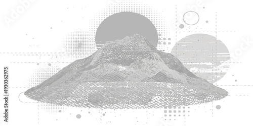 Abstract digital art illustration of a mountain landscape with geometric shapes and halftone patterns.