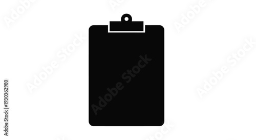 A simple black silhouette of a clipboard with a metal clip
