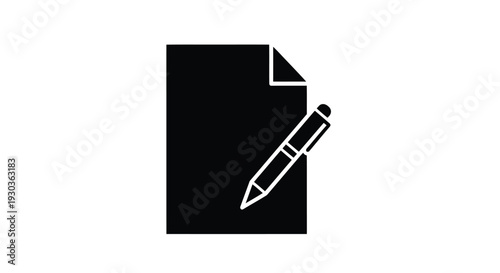 A black silhouette of a document with a pen resting upon it