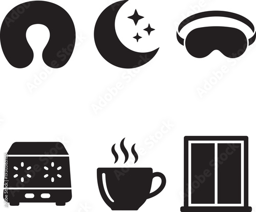Sleep Hygiene, Nighttime Routine and Insomnia Relief Wellness Silhouette Icon Set Vector Illustration