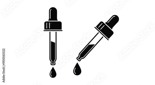 Two black silhouette illustrations of liquid dropper bottles with droplets