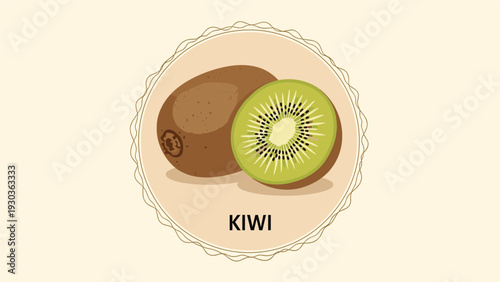 Vintage style food label for kiwi fruit featuring a whole brown fuzzy kiwi and a vibrant green sliced half with black seeds.