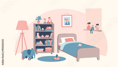 Comfortable children's bedroom interior featuring a small bed with a blue duvet, a wooden bookshelf filled with toys, and decor.