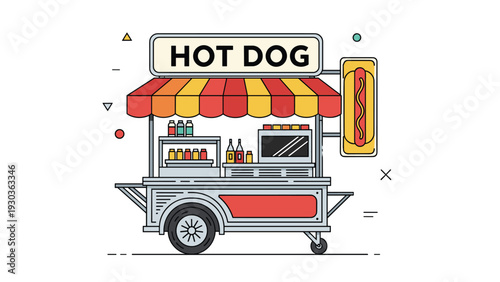 Mobile street food cart for selling hot dogs featuring a red and yellow striped awning and various condiment bottles.