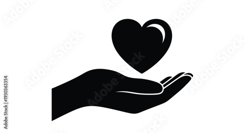 A black silhouette of a hand gently holding a heart shape