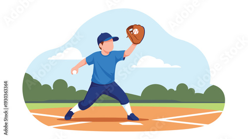 Young baseball player wearing a blue uniform and cap throwing a ball while wearing a leather glove on a grassy sports field.