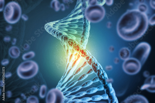 Microscopic visualization of a blue DNA double helix intertwined with realistic floating red blood cells on a dark scientific background. 3d illustration