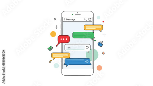 Mobile phone screen displaying a social media chat interface with various colorful message bubbles and icons.