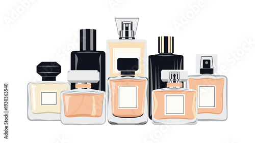 Elegant collection of assorted perfume and fragrance glass bottles in different shapes, sizes, and colors on white.