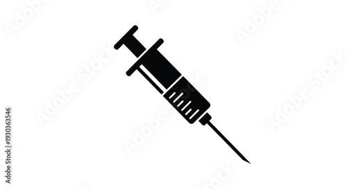 Simple black silhouette of a medical syringe on a white background