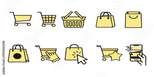 A vector set of shopping icons featuring cart, bag, and gift symbols for e-commerce web design