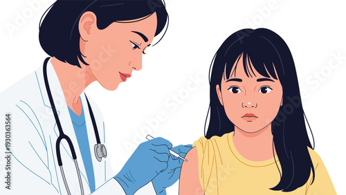 Professional female doctor wearing a white coat and gloves administering a vaccination shot to a young girl patient.