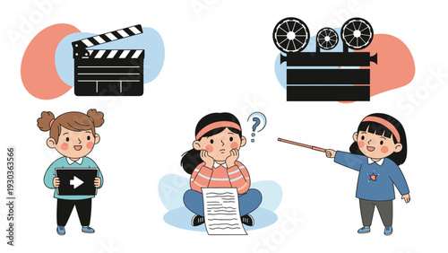 Group of young girls engaging in various filmmaking activities including acting, directing, and recording on a set.