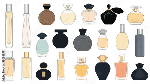 Extensive collection of various perfume bottles in many unique shapes and colors arranged in neat rows on white.