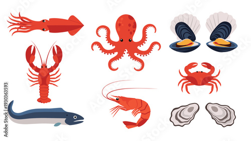 Collection of various fresh seafood items including squid, octopus, shellfish, lobster, crab, shrimp, and fish.