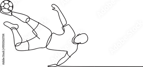one continuous line drawing of soccer player's overhead kick.one line drawing of kicking the ball with acrobatics.one line vector illustration with out Background