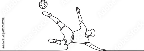 one continuous line drawing of soccer player's overhead kick.one line drawing of kicking the ball with acrobatics.one line vector illustration with out Background