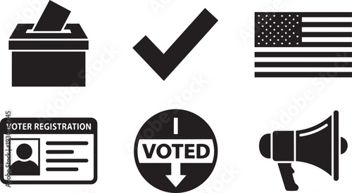 Voter Rights, Democratic Election Process and Civic Engagement Silhouette Icon Set Vector Illustration