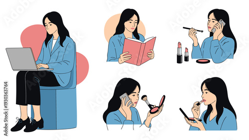 Young woman multitasking by working on a laptop, reading a book, applying makeup, and talking on the phone in various lifestyle poses.