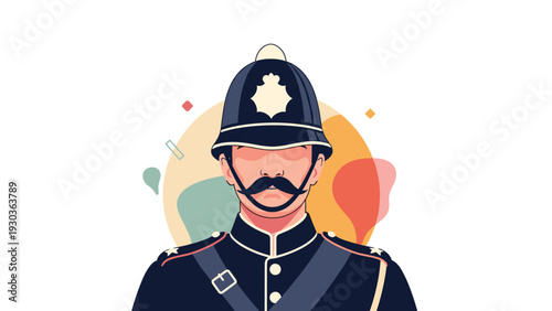 Portrait of a traditional British police officer wearing a classic bobby helmet and uniform with a distinctive large black mustache.
