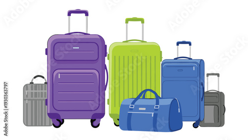 Colorful set of travel suitcases and a duffel bag in various sizes and styles isolated on a white background for tourism concepts.