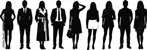 Black silhouettes of diverse business people and women standing in line, formal suits dresses trench coat, corporate crowd anonymous figures profile view