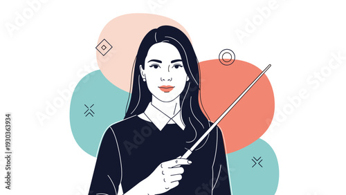 Confident young female teacher holding a pointer stick in front of abstract colorful shapes, representing education and school learning.