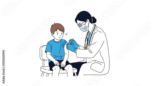 Professional female doctor wearing a face mask and medical gloves giving a vaccination injection to a young boy in a clinic environment.