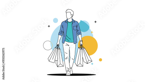 Stylish young man walking confidently while carrying several shopping bags against a background of colorful abstract geometric shapes.