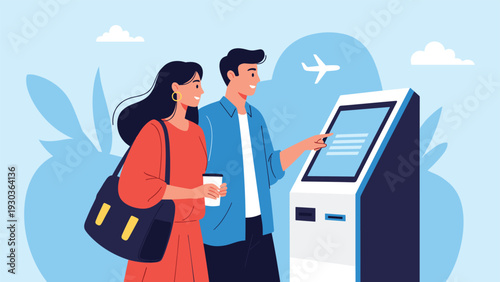 Young man and woman using a self-service check-in kiosk at an airport terminal with a plane flying outside in a blue sky background.