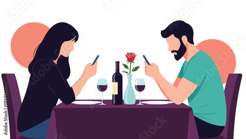 Man and woman sitting at a restaurant table for a romantic dinner but both are distracted by their smartphones instead of talking.