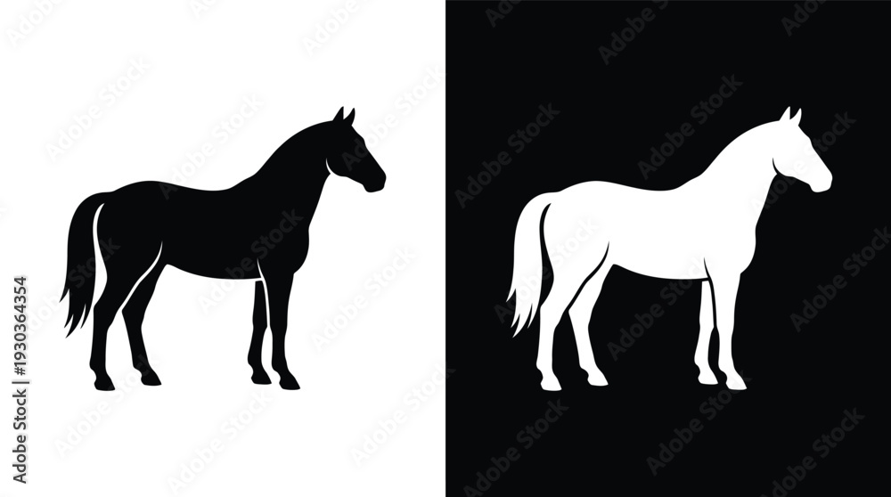 Fototapeta premium Silhouette of a horse standing in profile view against contrasting white and black backgrounds