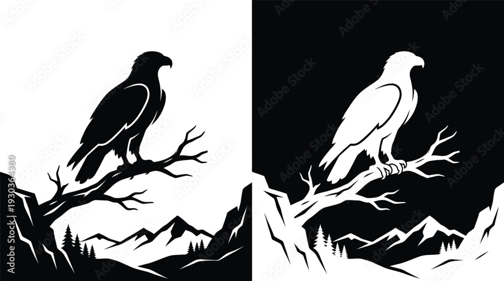 Fototapeta premium Bird perched on branch overlooking mountainside landscape illustration from varied viewpoints