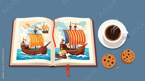 Open storybook showing colorful illustrations of ancient ships next to a hot cup of coffee and chocolate chip cookies on a table.