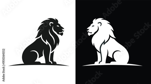 Dual silhouetted lions sitting regally, one in black and one in white, against contrasting backgrounds from a side view