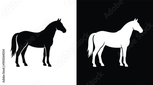 Silhouette of a horse standing in profile view against contrasting white and black backgrounds