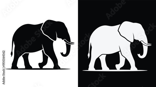 Elephant silhouettes in profile walking on a plain against contrasting backgrounds