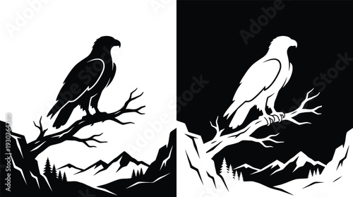 Bird perched on branch overlooking mountainside landscape illustration from varied viewpoints