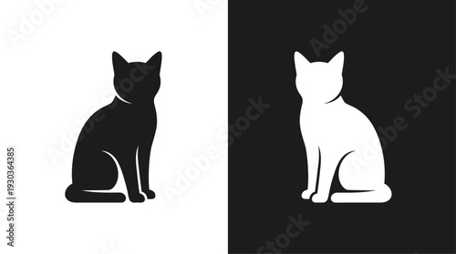 Black and white silhouettes of a cat sitting and facing away, a simple illustration showcasing feline elegance and versatility in design elements.