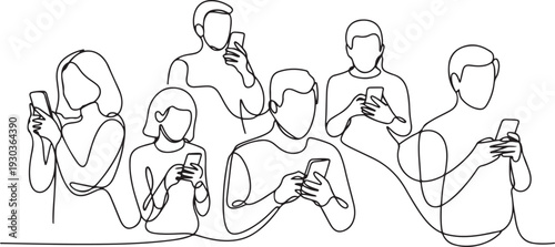 Continuous one line drawing People holding, using mobile phones concept.one line vector illustration with out Background